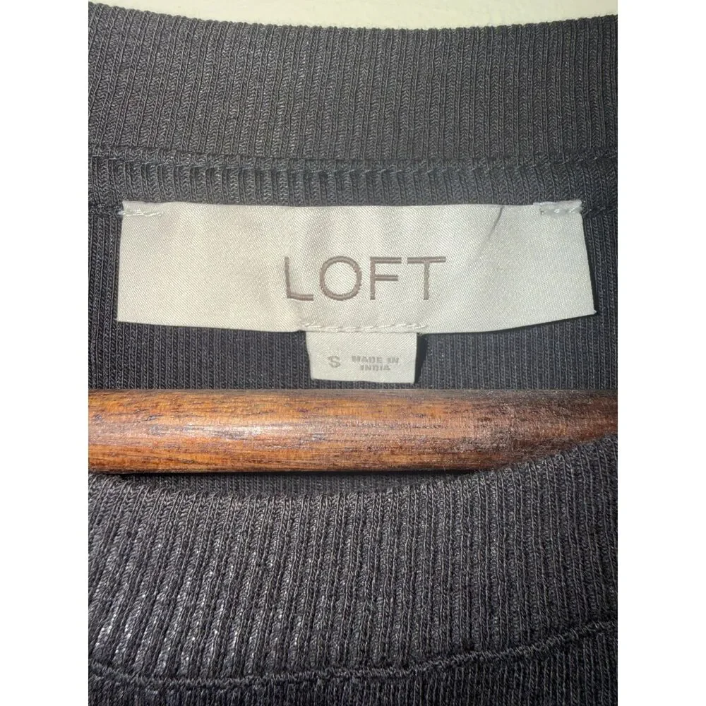 LOFT Black Ribbed Knit Mixed Media Plaid Puff Sleeve Top Size S
